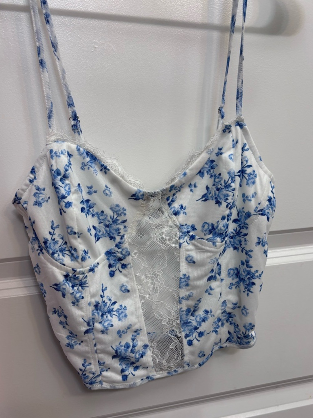 White & Blue Floral Lace Bustier Crop Top